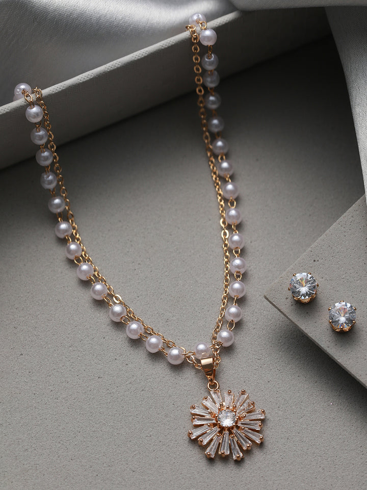 Dual-Layer Floral Pearl AD Gold-Plated Jewellery Set