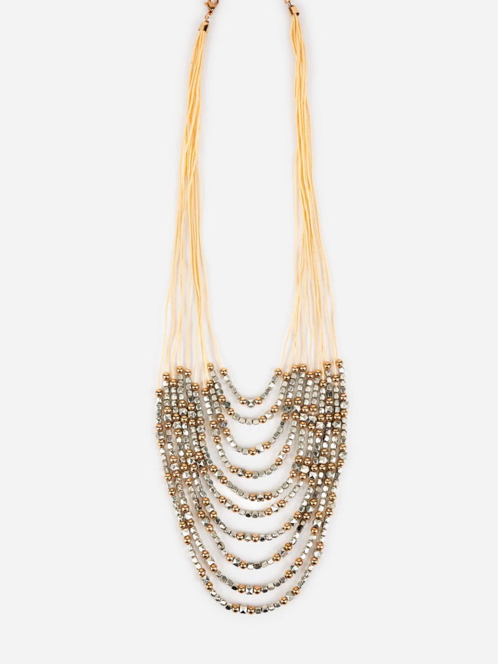 Multilayer Beaded Silver and Gold Threaded Necklace
