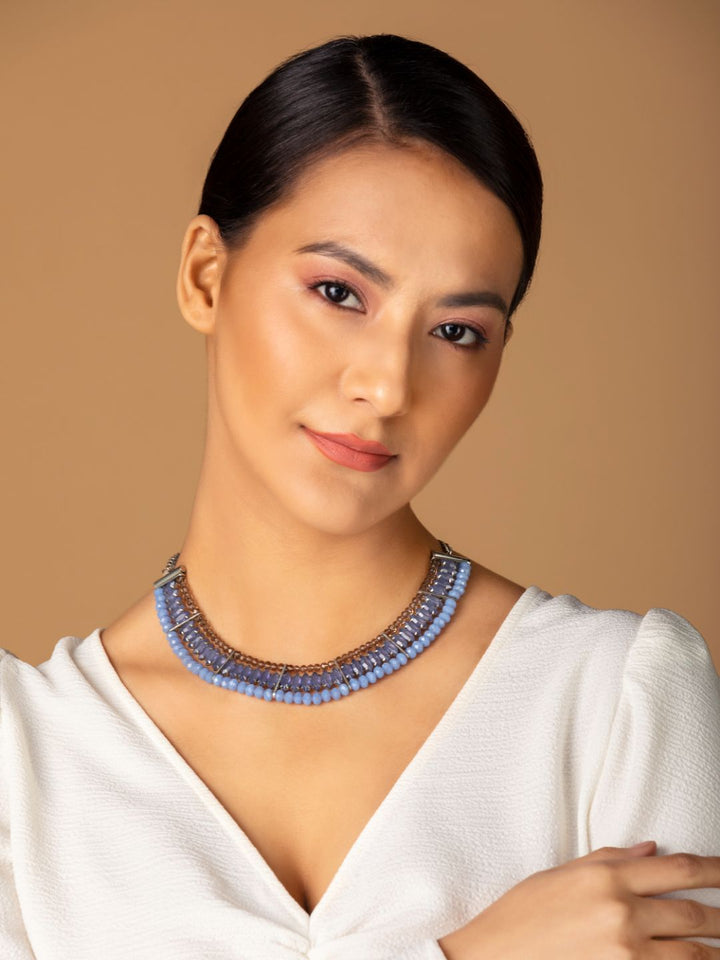 Blue Beaded Stone Studded Gold-Plated Necklace