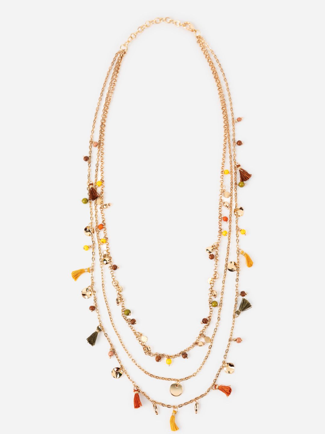 Multicolor Beaded Charm Tasselled Link Gold-Plated Necklace
