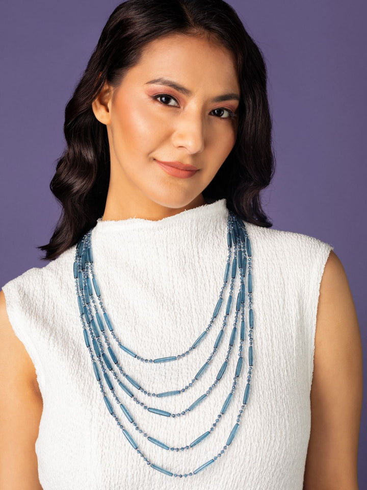 Multilayer Glassy Blue Beaded Long Necklace