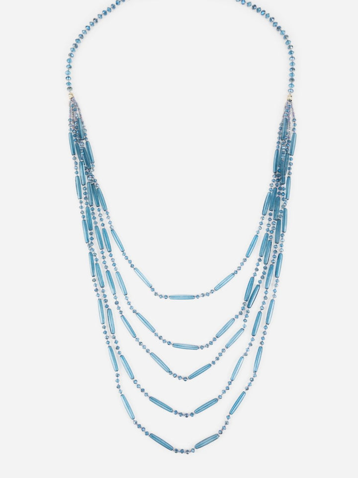 Multilayer Glassy Blue Beaded Long Necklace