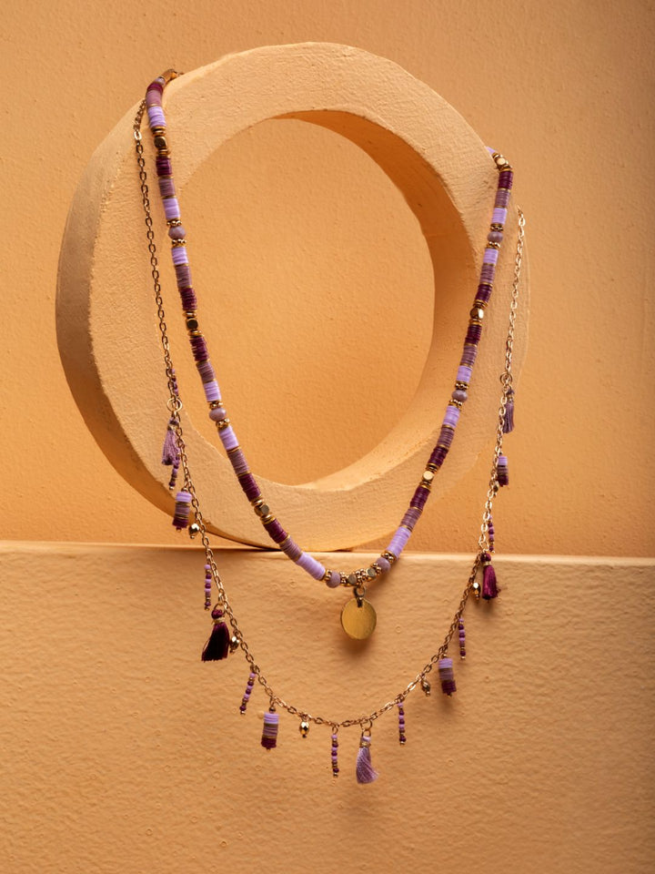 Purple Sequin Stack Beaded Charm Gold-Plated Necklace