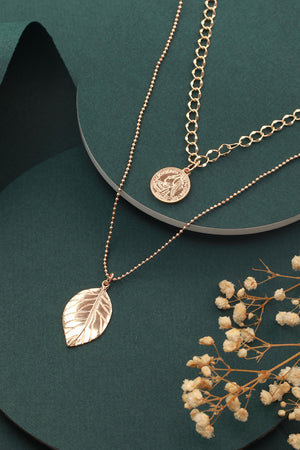 Embossed Leaf Design Dual-Layered Gold-Plated Necklace