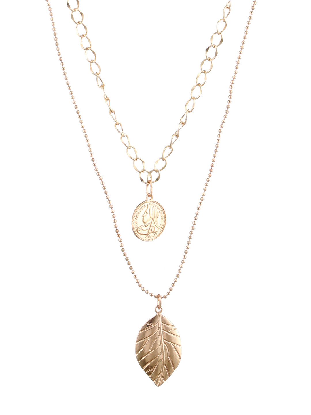 Embossed Leaf Design Dual-Layered Gold-Plated Necklace