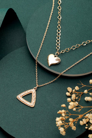 Dual-Layer Triangular Heart Drop Link Style Gold-Plated Necklace