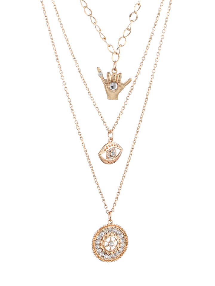 Floral Eye Design Layered Studded Gold-Plated Necklace