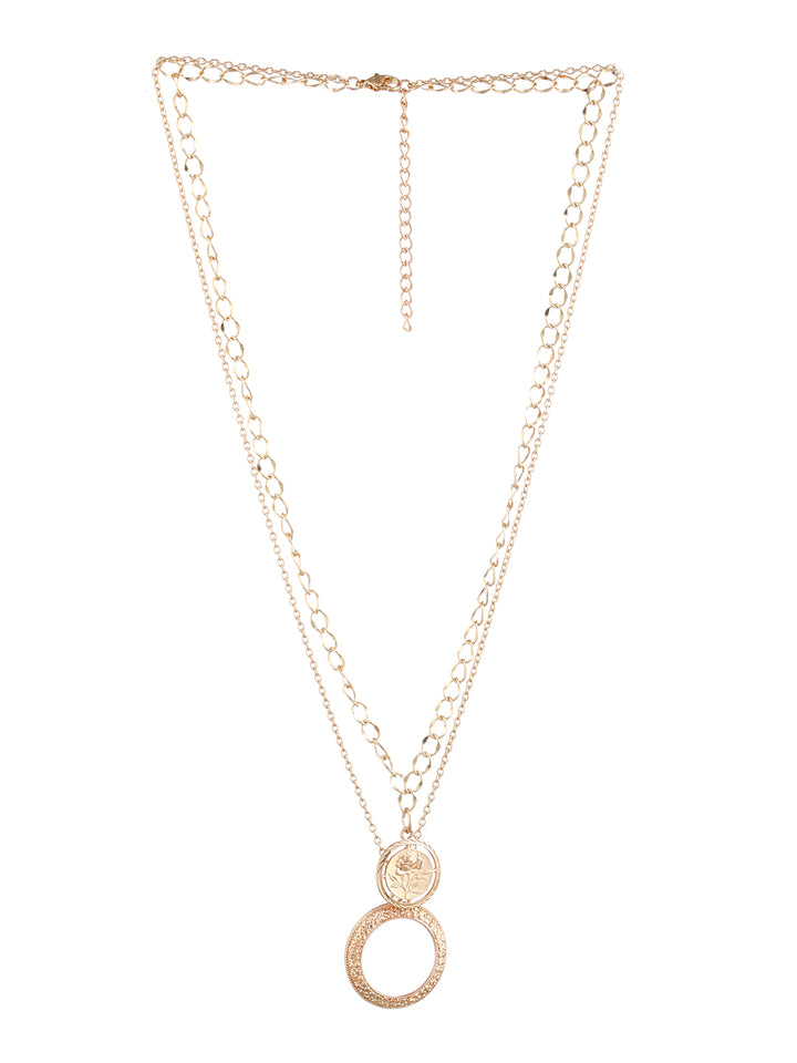 Round Embossed Flower Link Dual-Layered Gold-Plated Necklace