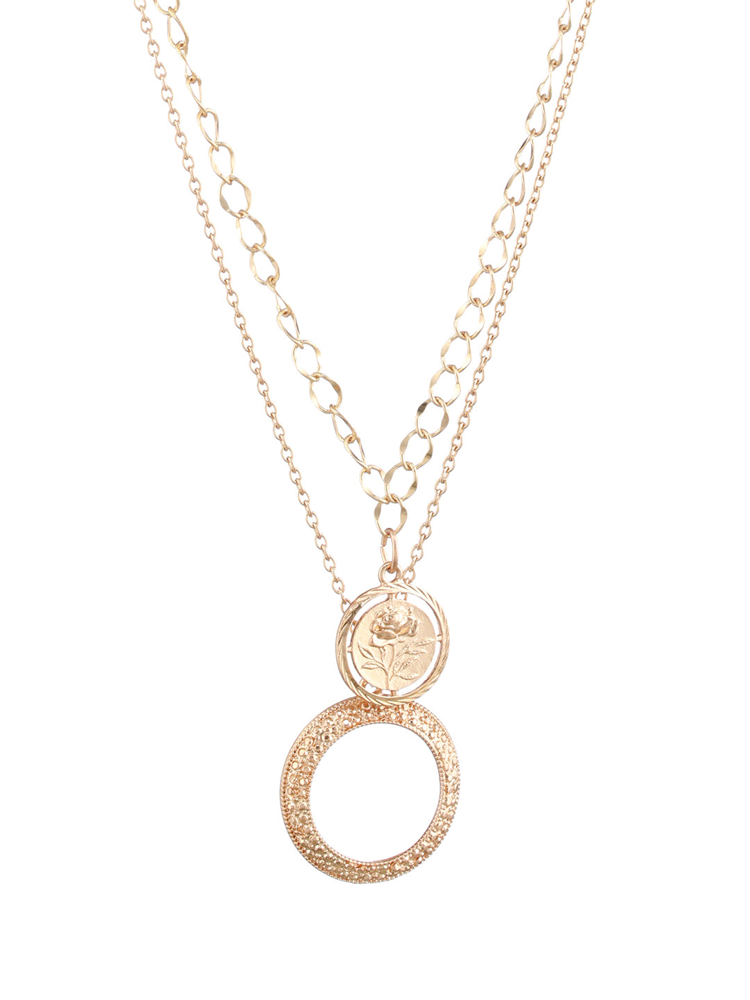 Round Embossed Flower Link Dual-Layered Gold-Plated Necklace