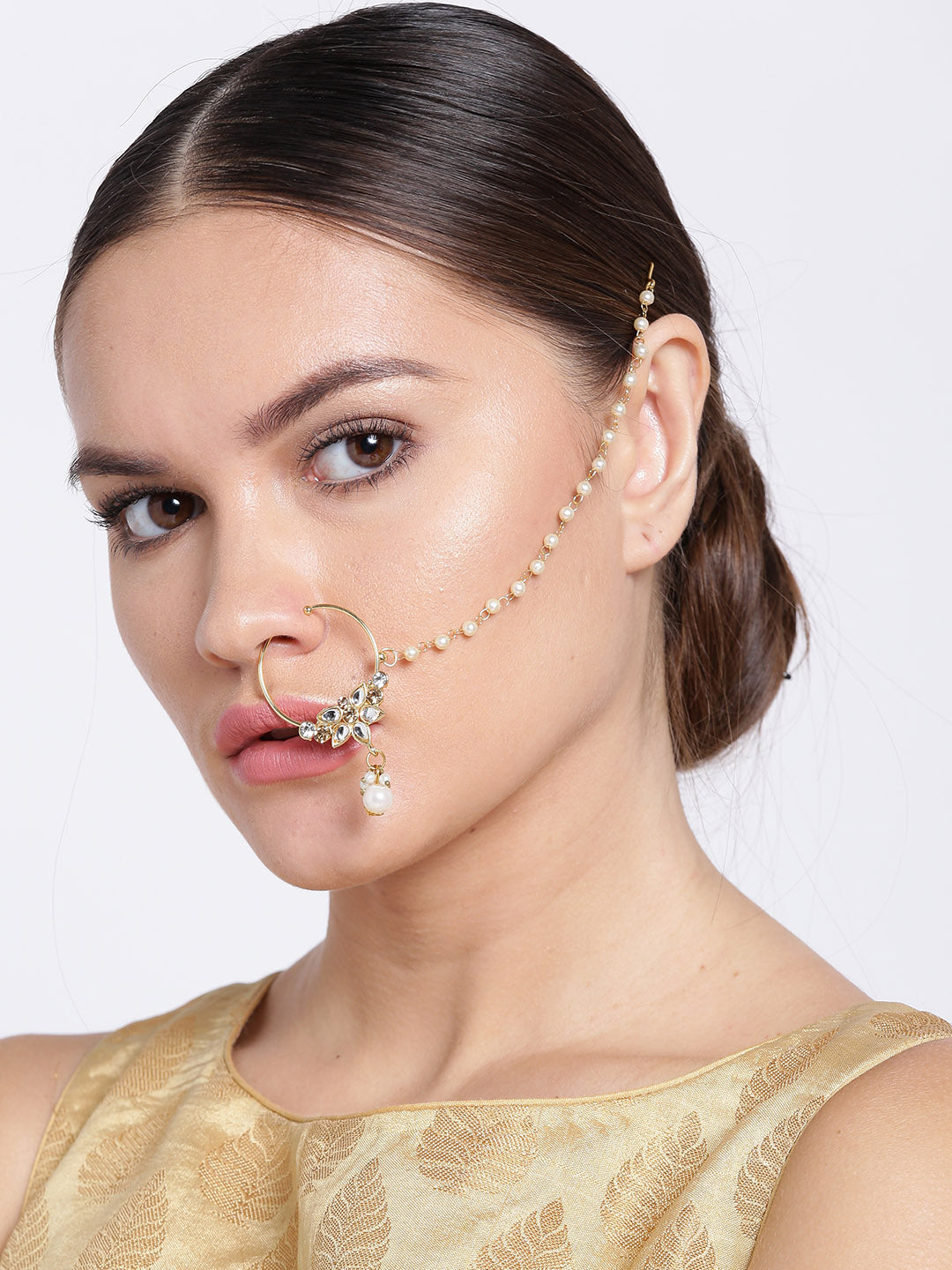 traditional Gold Plated Nose Ring/Nath with Pearl Chain For Women/Girls