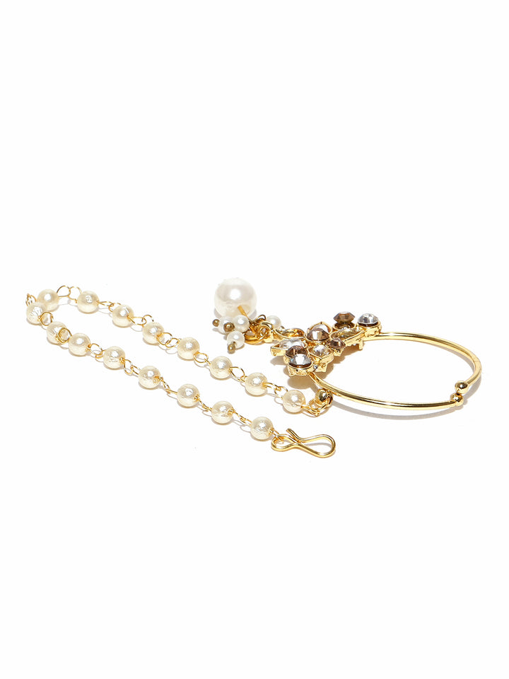 traditional Gold Plated Nose Ring/Nath with Pearl Chain For Women/Girls