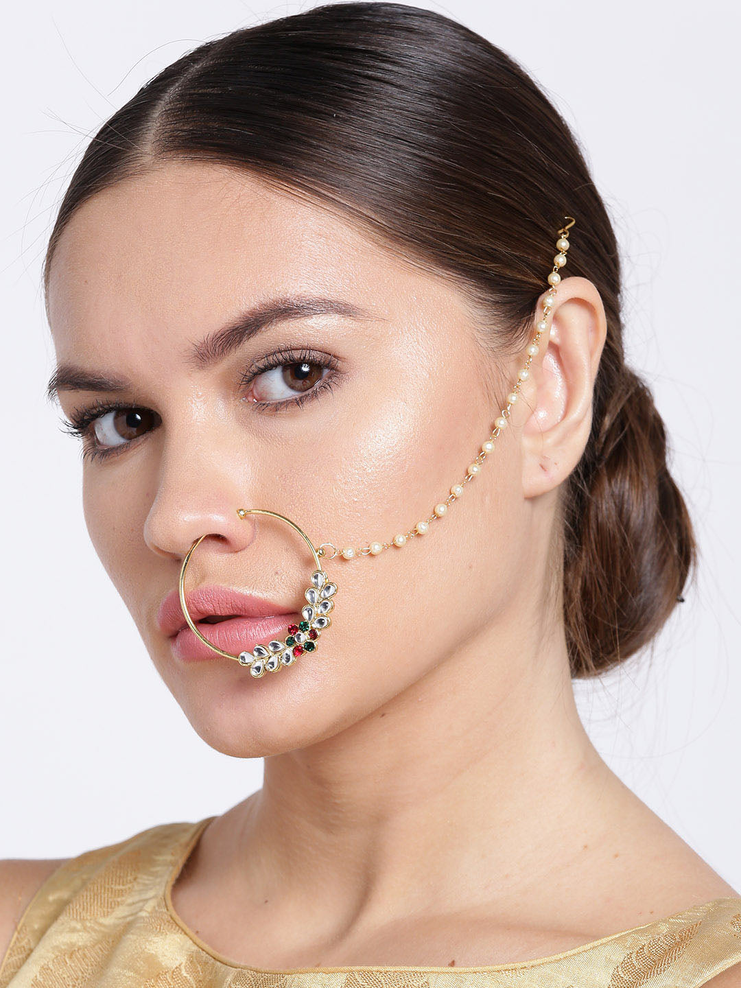traditional Gold Plated Nose Ring/Nath with 3 Pearl Chain For Women/Girls