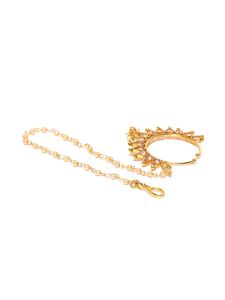 traditional Gold Plated Nose Ring/Nath with 3 Pearl Chain For Women/Girls
