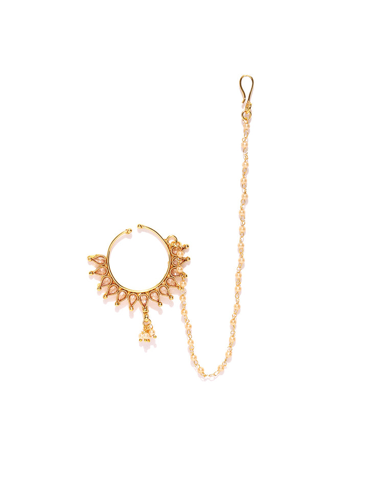 traditional Gold Plated Nose Ring/Nath with 3 Pearl Chain For Women/Girls