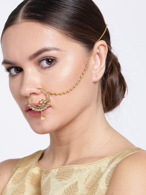 traditional Gold Plated Nose Ring/Nath with Gold Beads Chain For Women/Girls