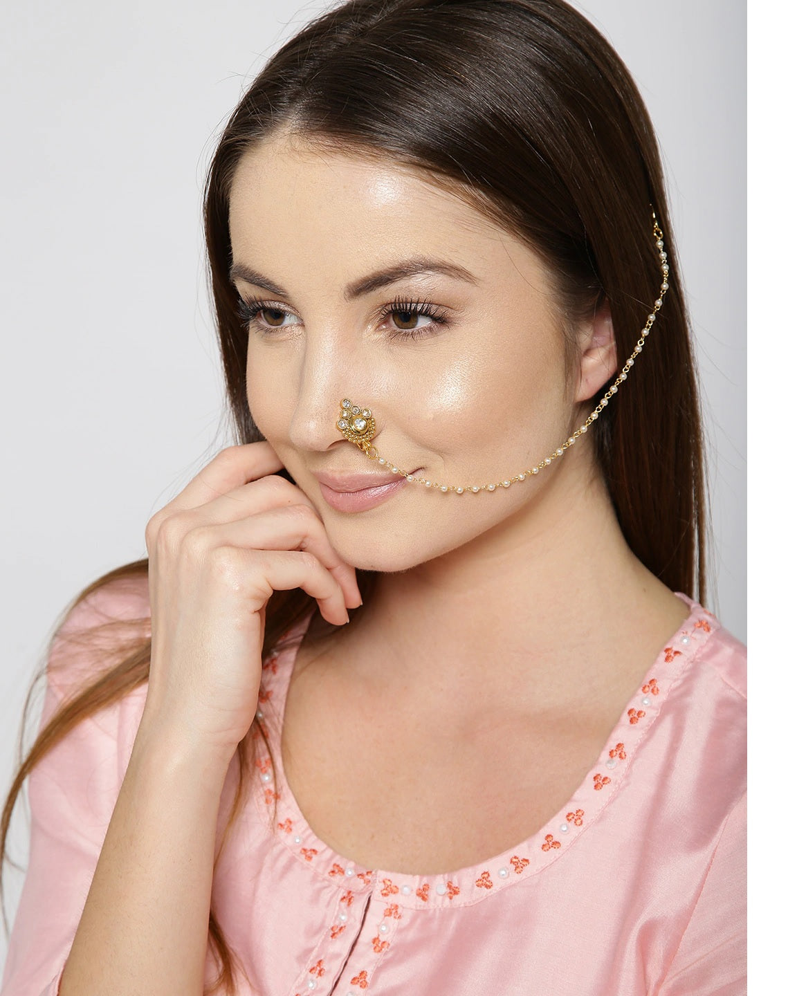 Buy AccessHer gold plated antique, kundan nose ring/ nath with triple  chains for women Online at Low Prices in India - Paytmmall.com