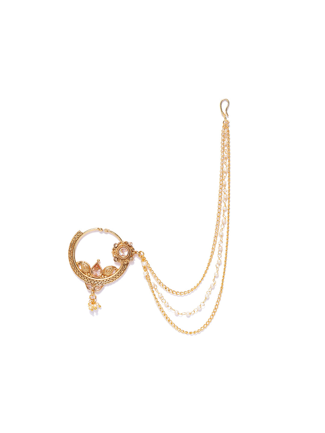 Traditional Gold Plated NoseRing/Nath With Pearl Chain For Women And Girls