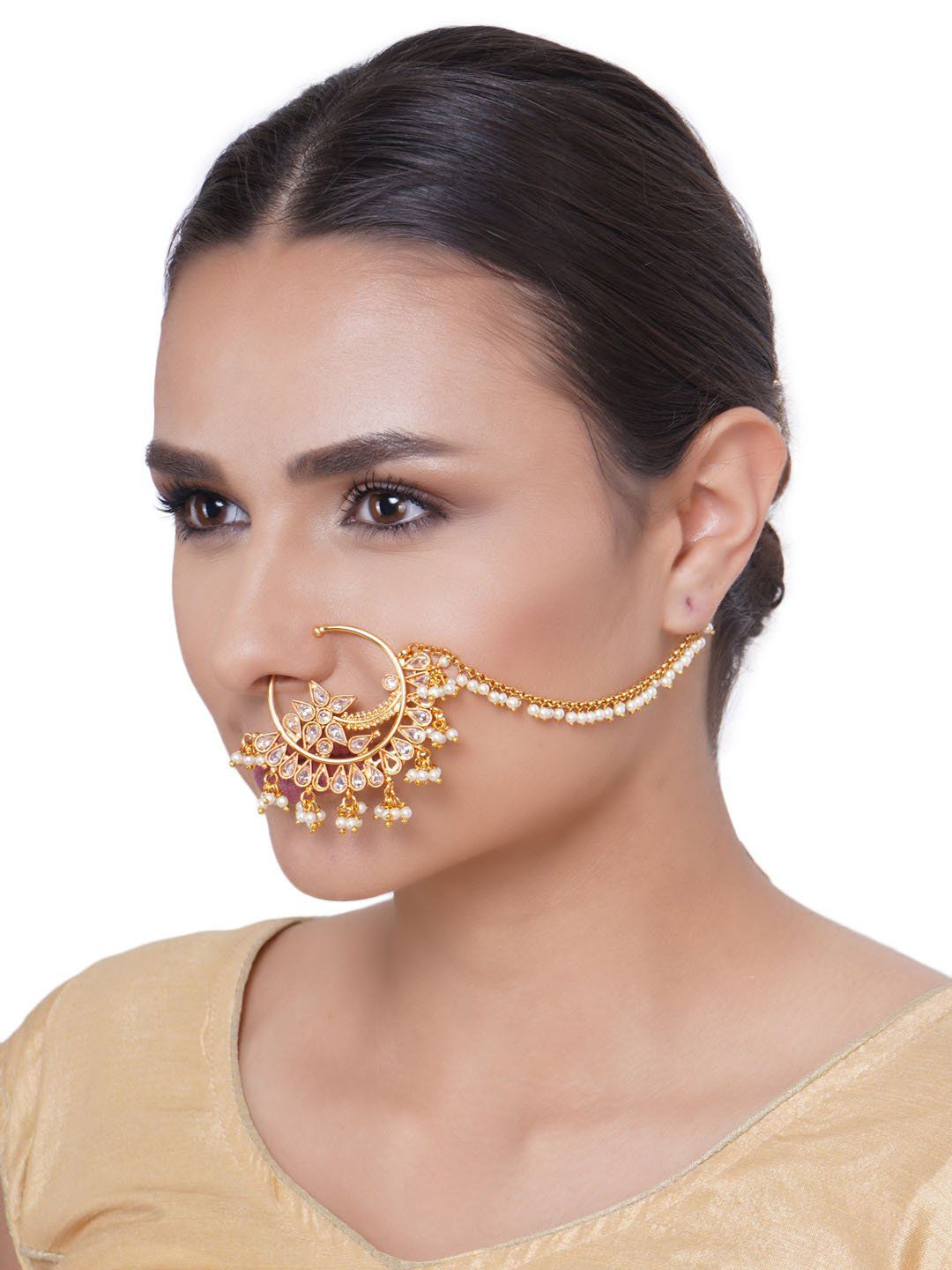 Indian Style Designer Traditional Nose Ring with Chain to Ear - No Pie