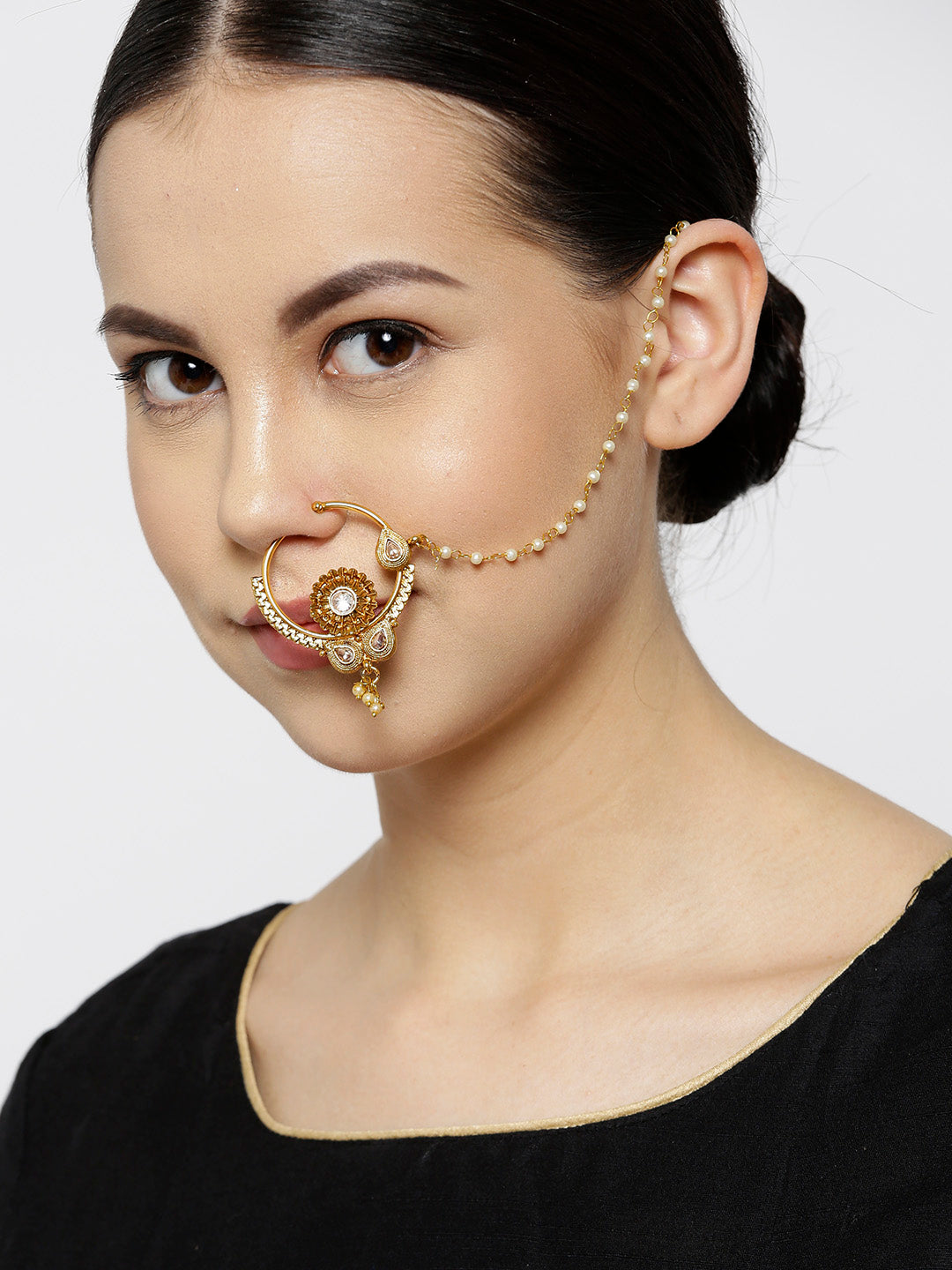Traditional NoseRing/Nath With Pearl Chain For Women And Girls