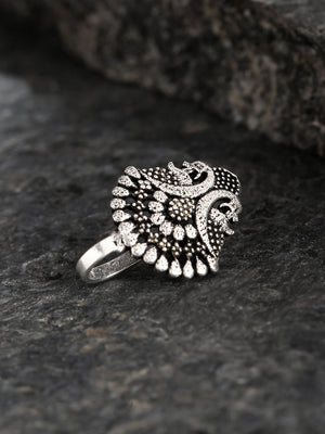 Oxidised Silver-Toned Peacock Inspired Beautiful Free Size Clip-On Nosepin