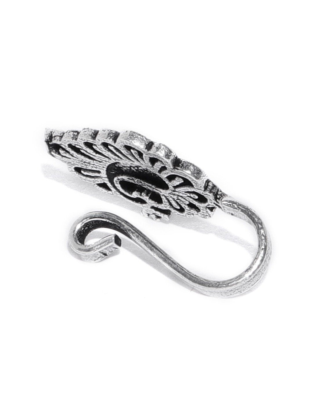 Antique Oxidised Silver-Toned Peacock Inspired Free Size Clip-On Nosepin
