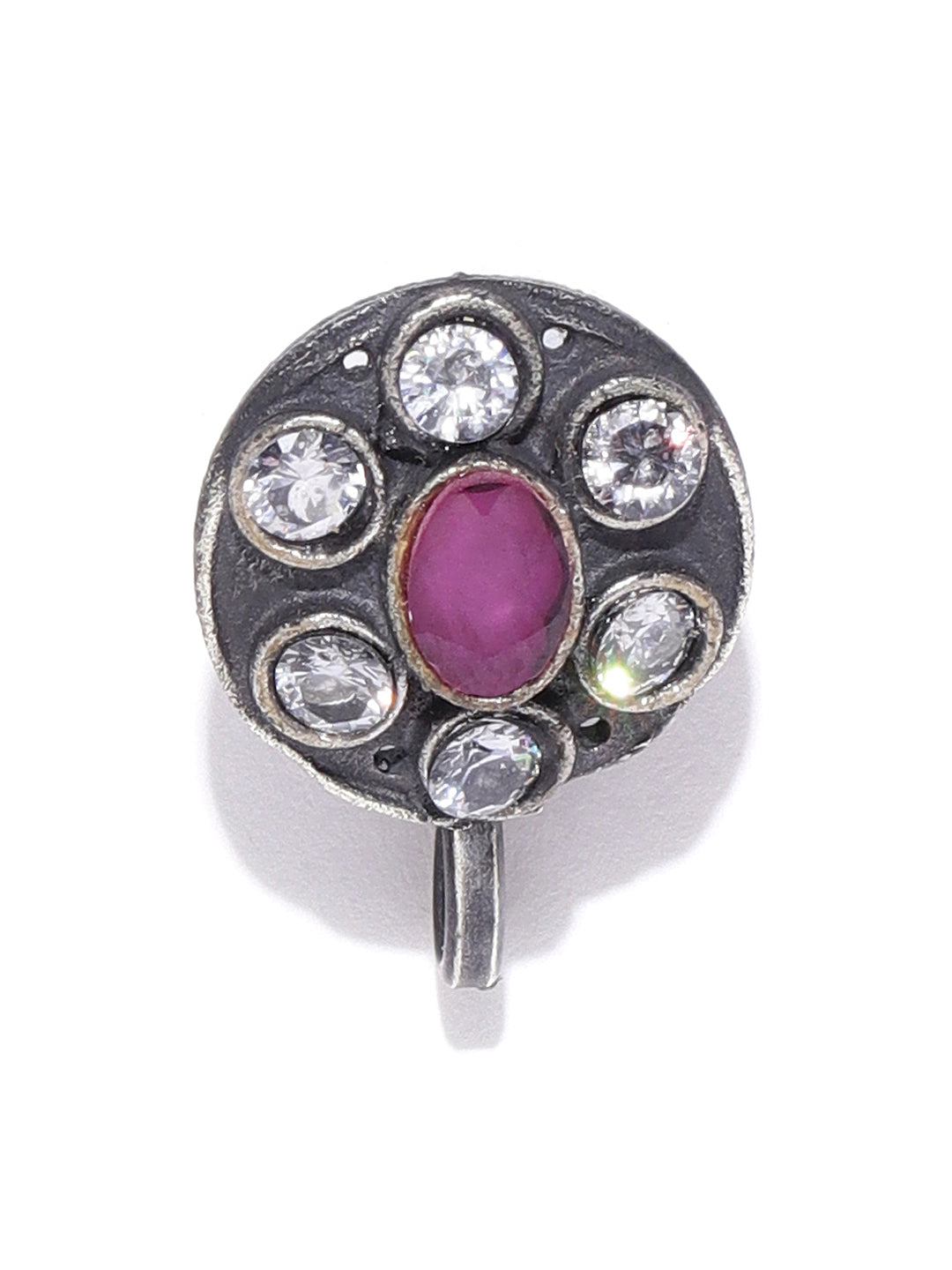 Oxidised Silver-Plated Pink And White Stone Studded Free Size Clip-On Nosepin