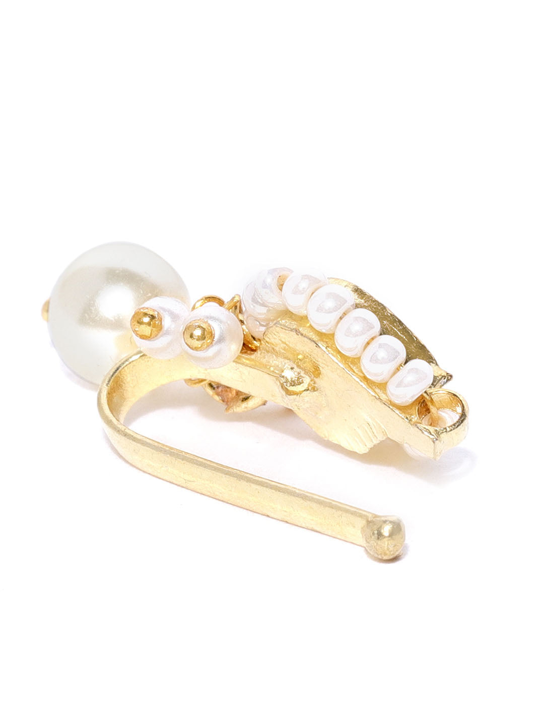 Gold-Plated Kundan Studded Pearl Drop Free Size Clip-On Nosepin