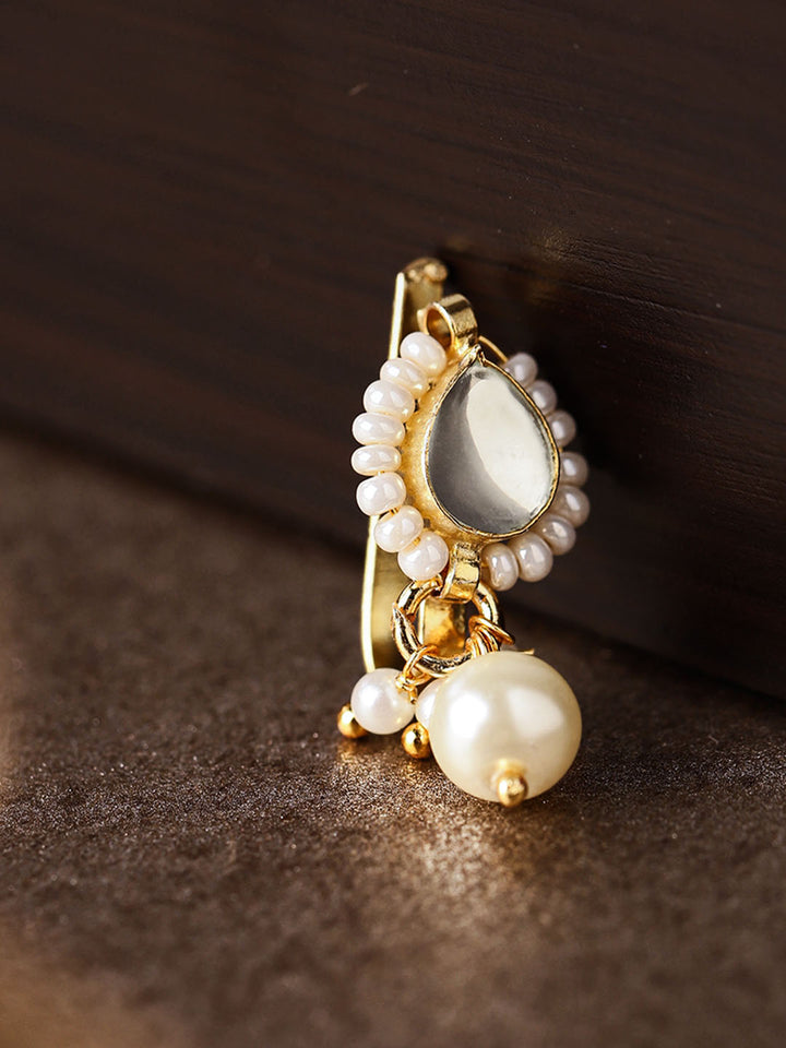 Gold-Plated Kundan Studded Pearl Drop Free Size Clip-On Nosepin
