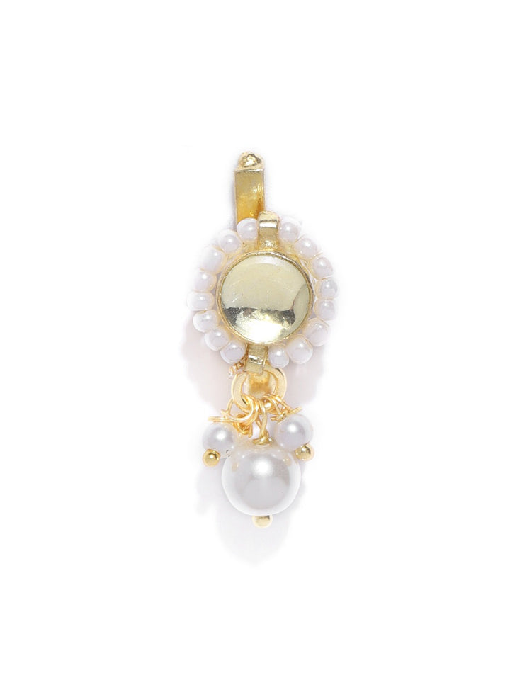 Gold-Plated Round Kundan Studded Pearl Drop Free Size Clip-On Nosepin