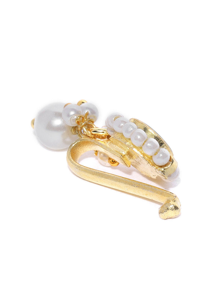 Gold-Plated Round Kundan Studded Pearl Drop Free Size Clip-On Nosepin