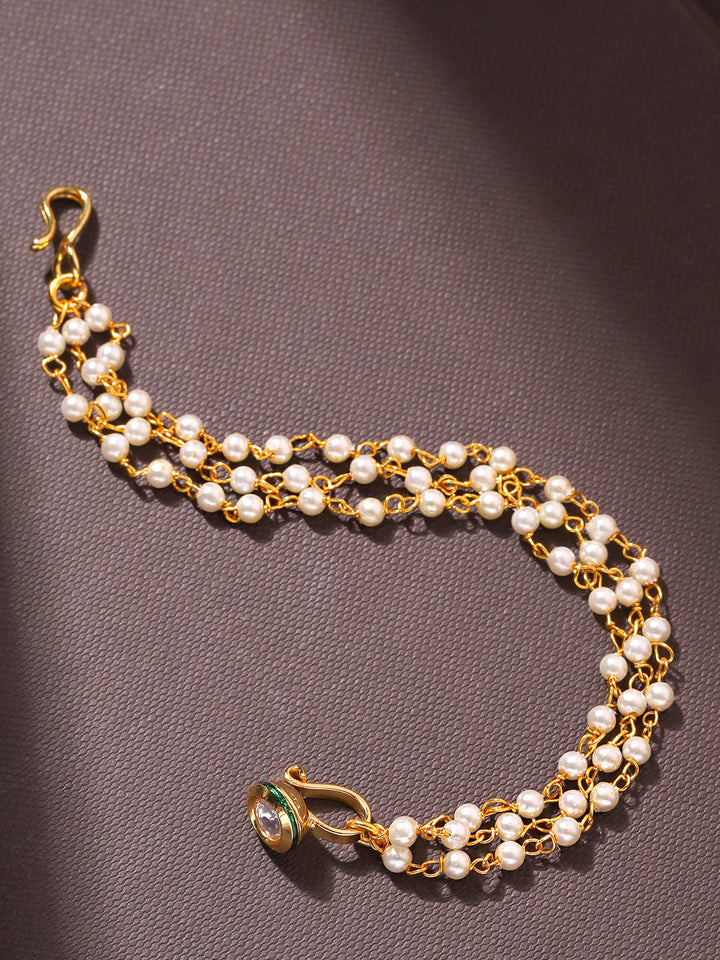 Gold-Plated Kundan Studded Triple Beads Chain Nath/Nose Ring
