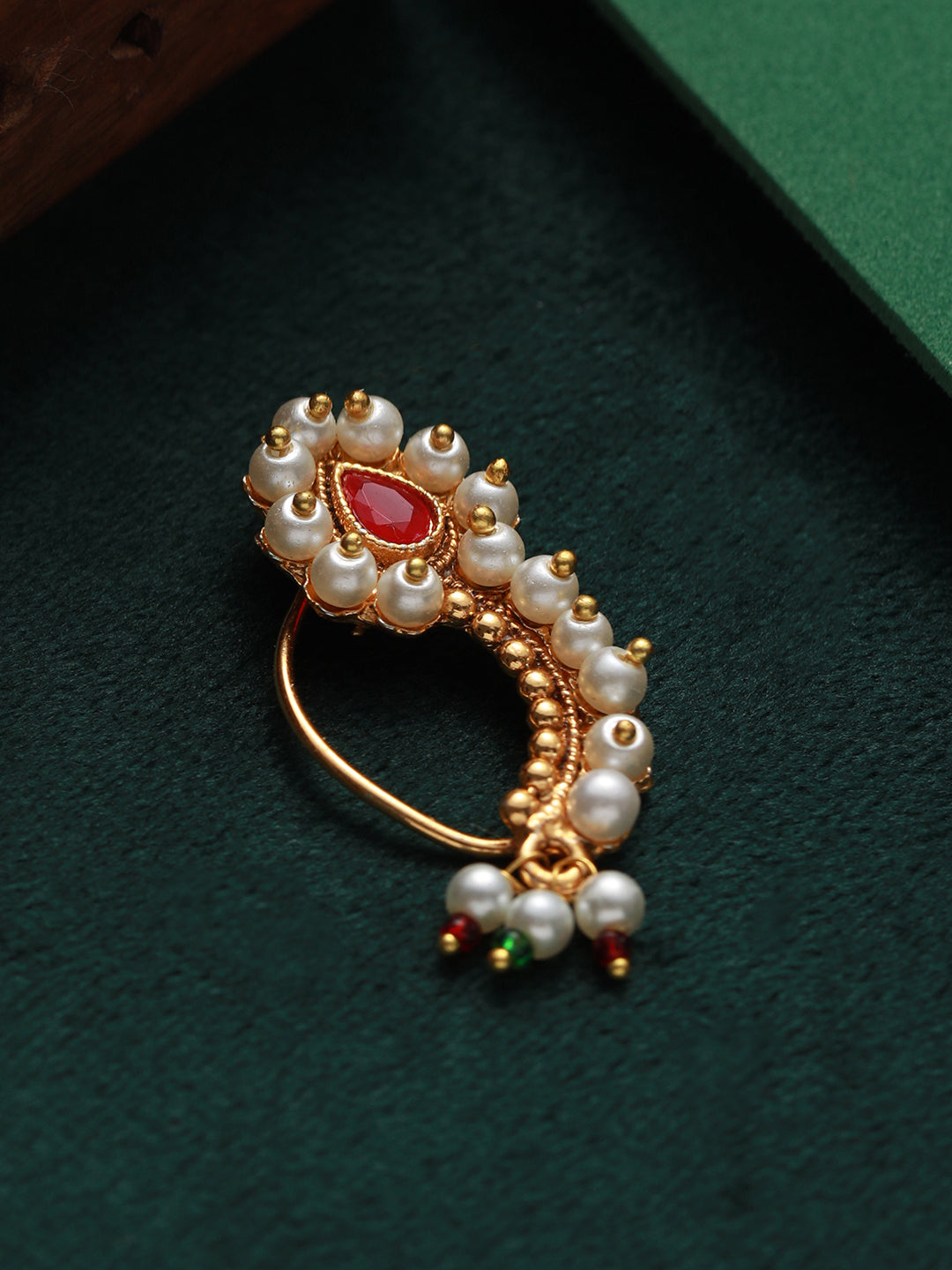 White Pearl Red Stone Studded Gold-Plated Maharashtrian Nath