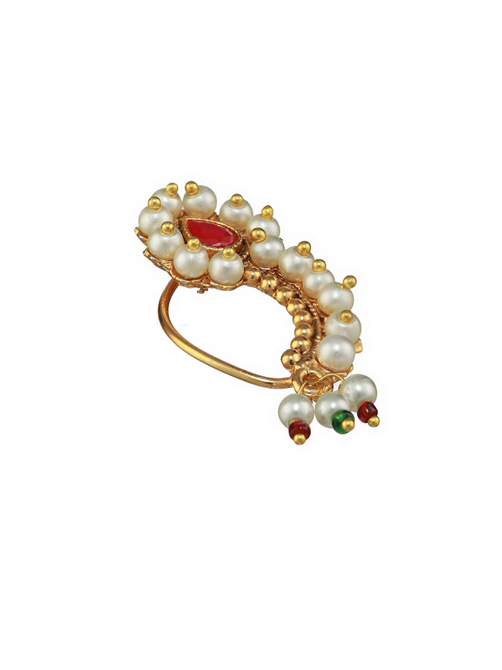 White Pearl Red Stone Studded Gold-Plated Maharashtrian Nath