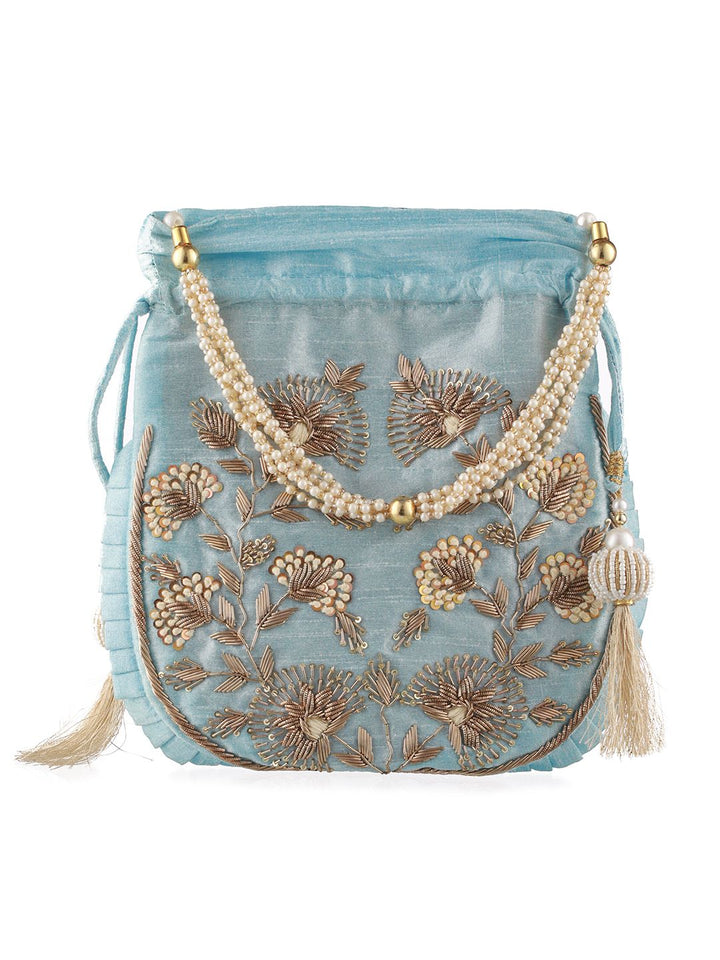 Sky BlueBliss Floral Embellished Party Potli Bag