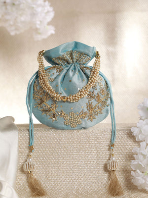 Princess Sky Blue Floral Embellished Party Potli Bag