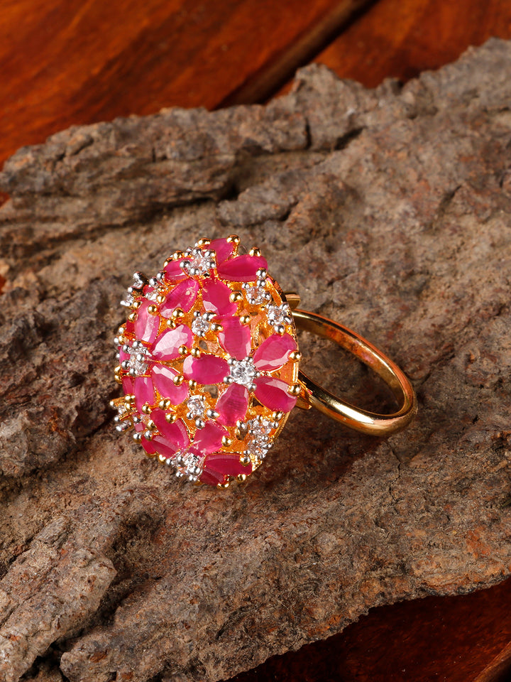 Gold-Plated Ruby and American Diamond Studded Adjustable Ring in Pink Color
