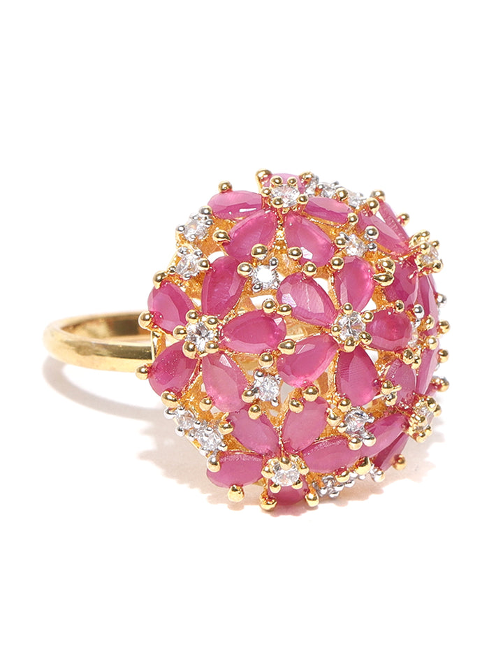 Gold-Plated Ruby and American Diamond Studded Adjustable Ring in Pink Color