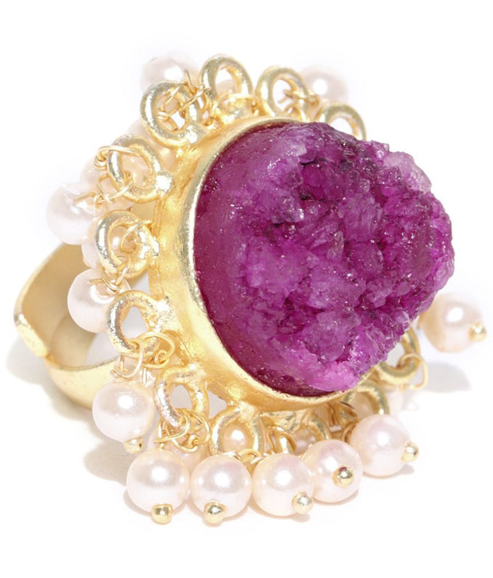 Gold Plated Off-White Pearl Beaded Pink Druzzy Stone Statement Ring