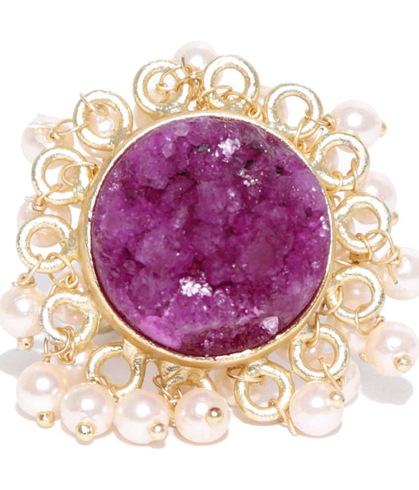 Gold Plated Off-White Pearl Beaded Pink Druzzy Stone Statement Ring
