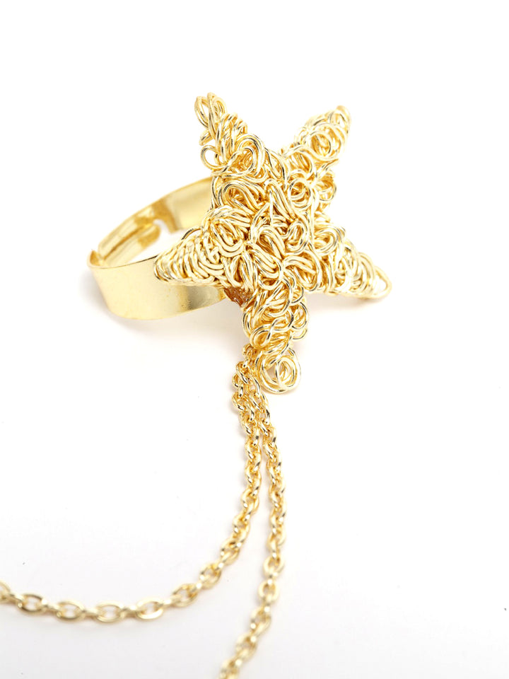 Gold-Plated Stone Studded Dual Finger Ring in Star Pattern