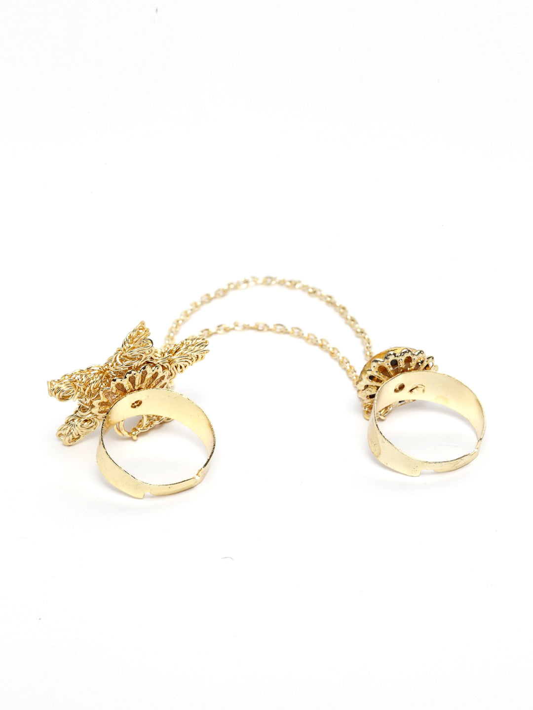 Gold-Plated Stone Studded Dual Finger Ring in Star Pattern