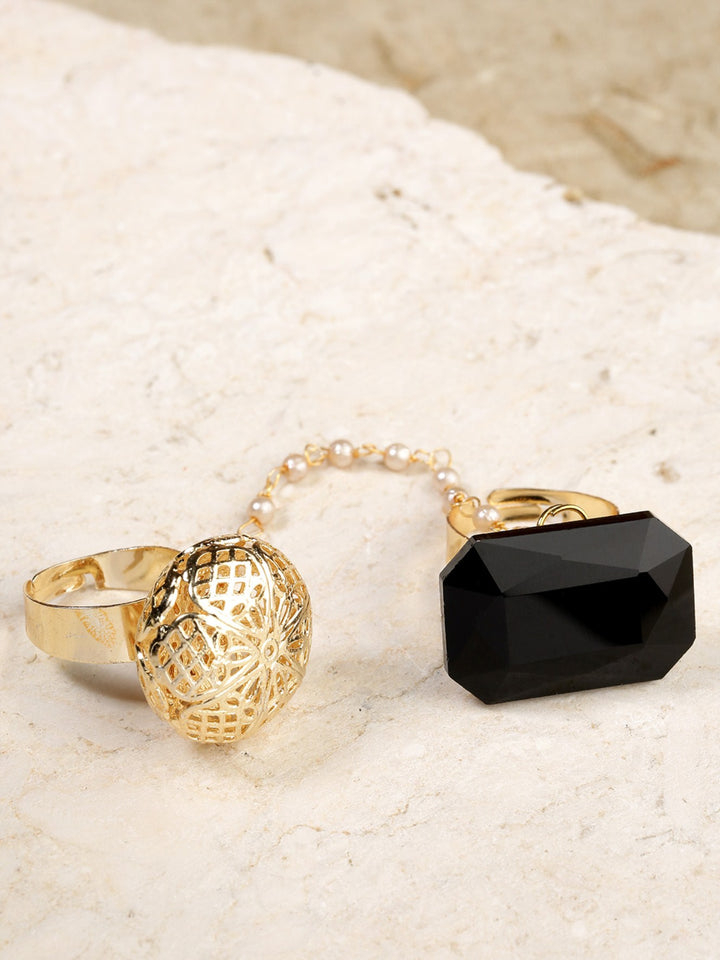 Modish Fit - Black Stone Studded Gold-Plated Pearl Chain Dual Finger Adjustable Ring