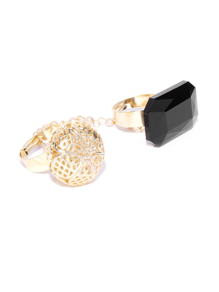 Modish Fit - Black Stone Studded Gold-Plated Pearl Chain Dual Finger Adjustable Ring