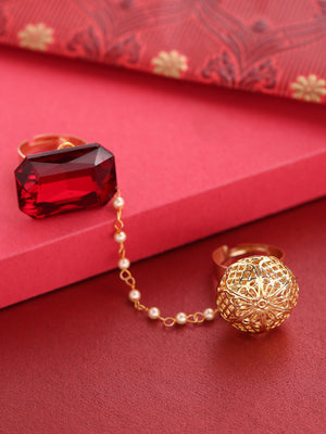 Gold-Plated And Red Stone-Studded Dual Finger Adjustable Ring with Pearls