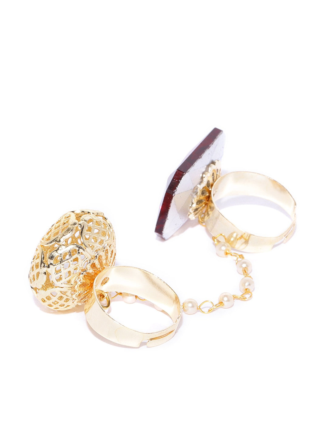 Gold-Plated And Red Stone-Studded Dual Finger Adjustable Ring with Pearls