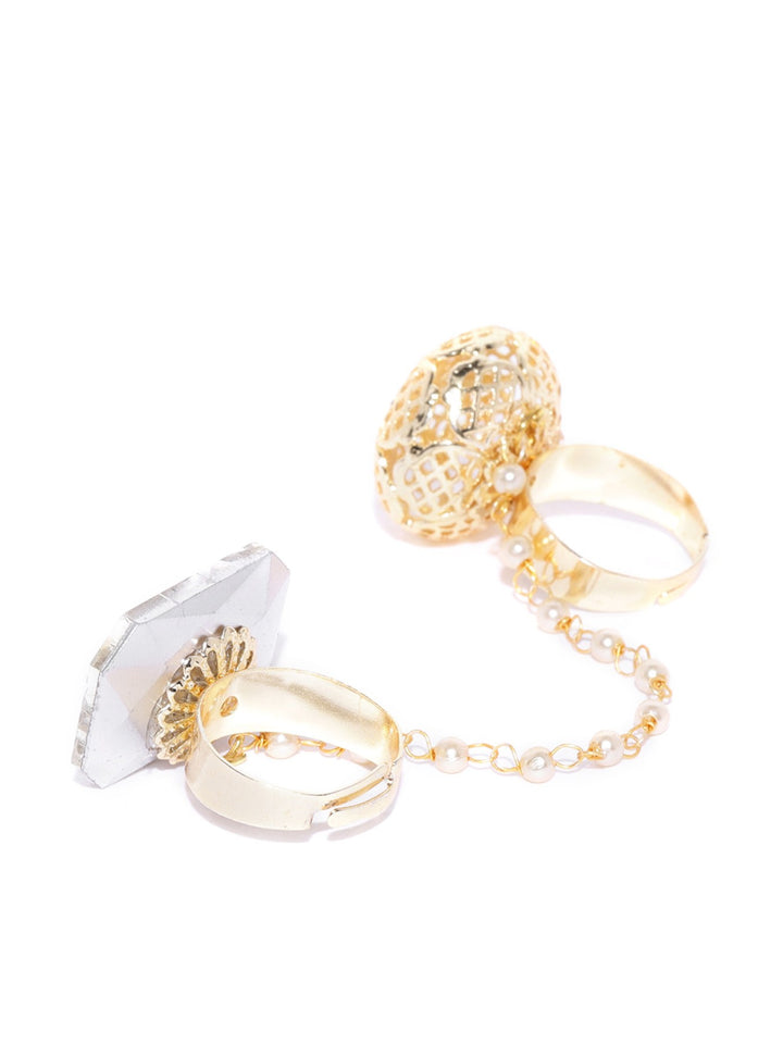 Gold-Plated And White Stone-Studded Dual Finger Adjustable Ring with Pearls