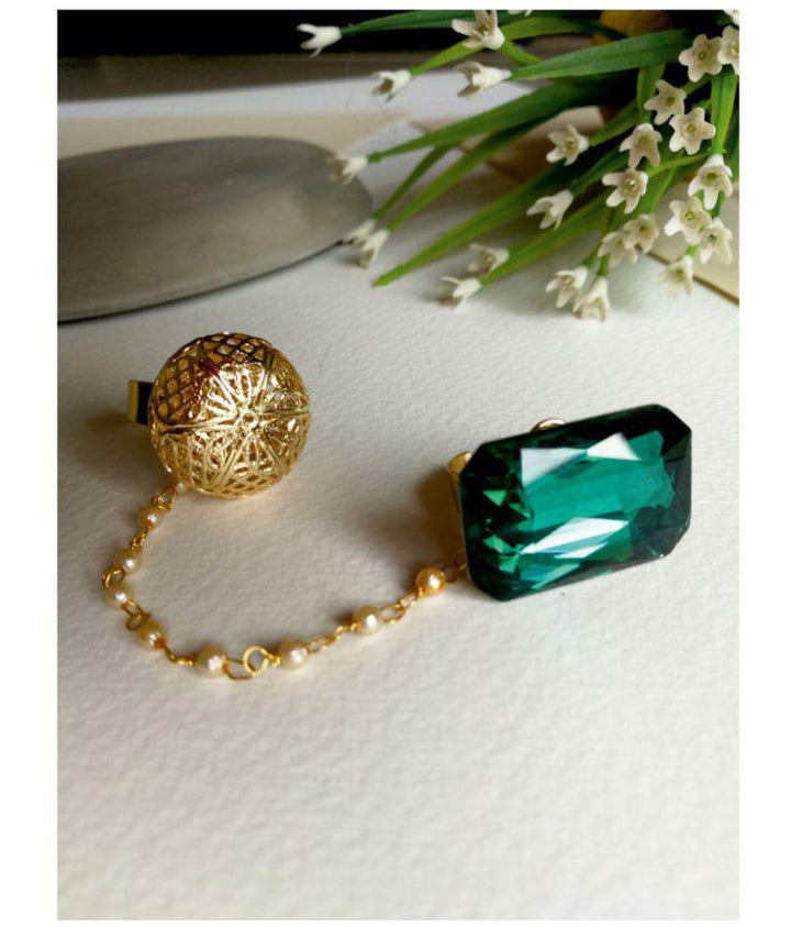 Gold-Toned And Green Stone-Studded Dual Finger Adjustable Finger Ring For Women And Girls