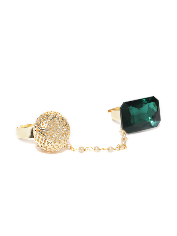 Gold-Toned And Green Stone-Studded Dual Finger Adjustable Finger Ring For Women And Girls