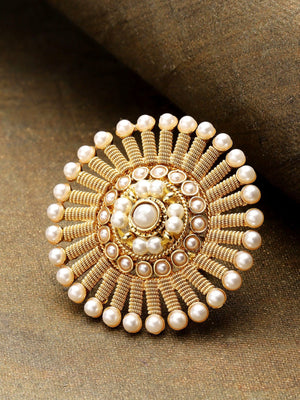 Gold-Plated Pearls Studded Adjustable Ring in Floral Pattern