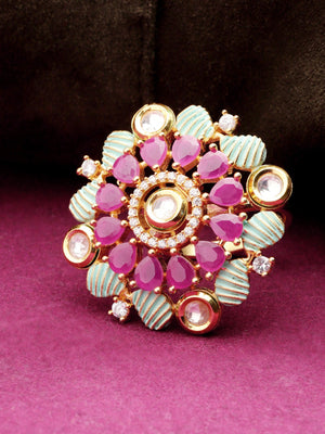 Gold-Plated Floral Patterned Pink and Green Meenakari Adjustable Ring Studded with Kundan and Ruby